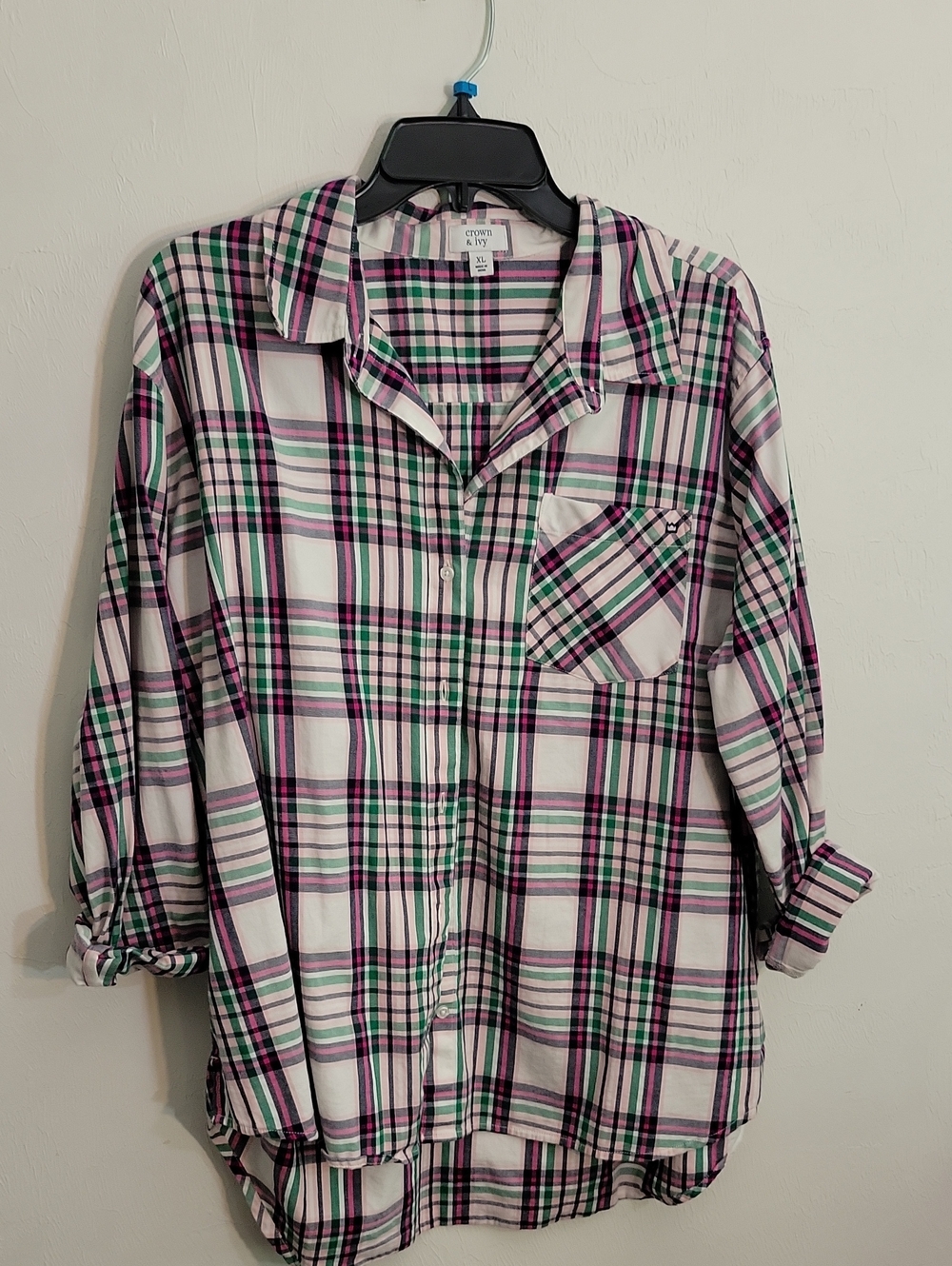 crown & ivy White Plaid Button-Down with Pink & Green Stripes